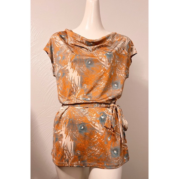 COPY - NWOT The Limited Peacock Print Drape Neck Tie Waist Blouse - Picture 1 of 10